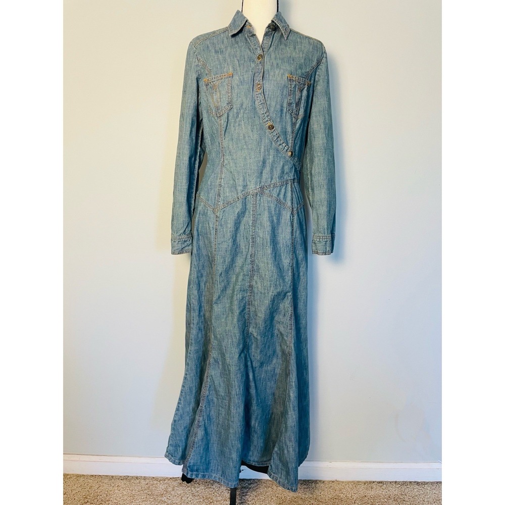 Jeanology Collared Long Sleeve Button Down Fit N Flare Denim Dress. 10P. Western